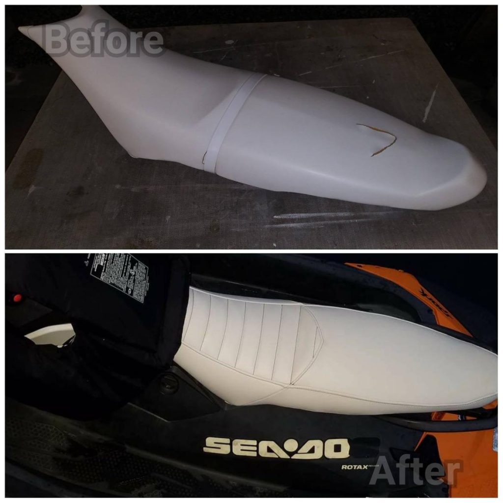 before and after of motorbike with upholstery