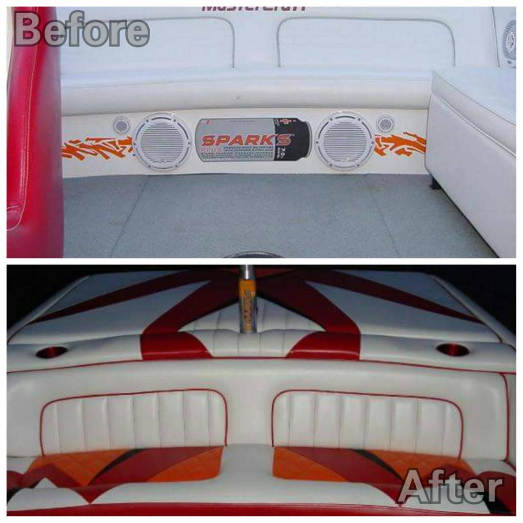 before and after of a boat with upholstery
